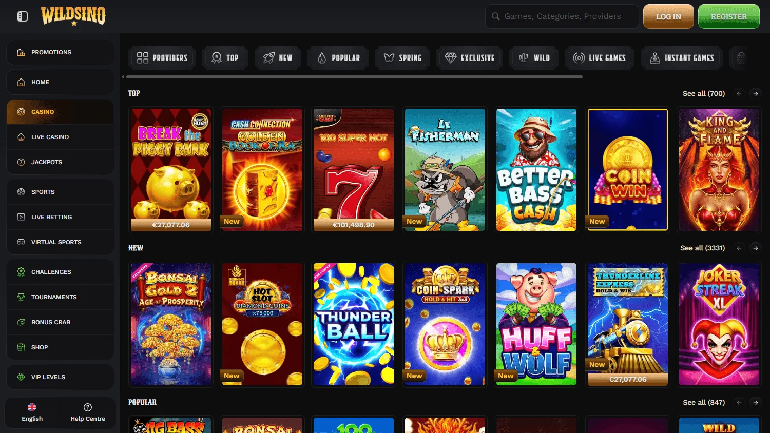 Wildsino Casino desktop games area