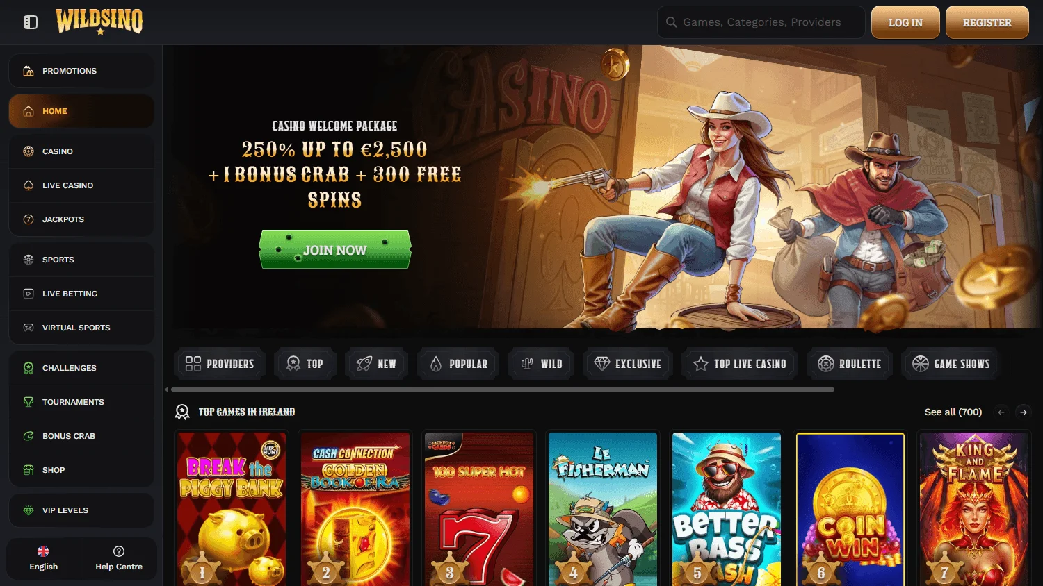 Wildsino Casino desktop home screen