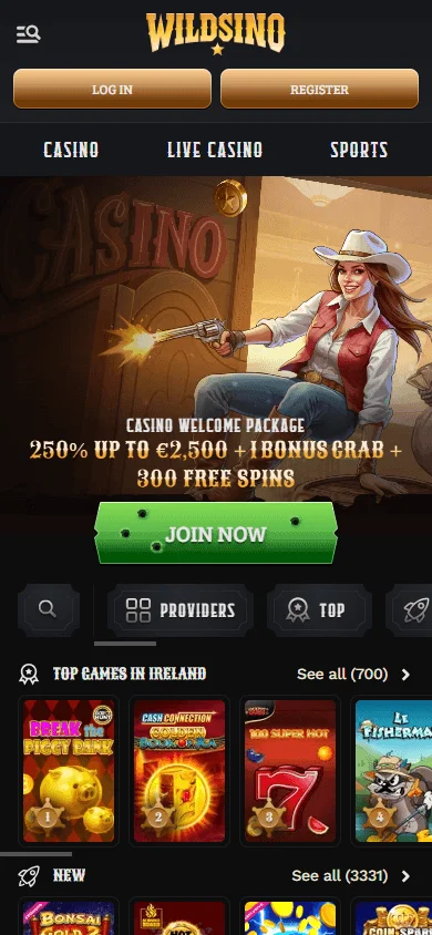 Wildsino Casino mobile home screen